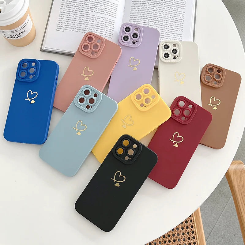 Ottwn Candy Color Silicone Phone Case For iPhone 14 Pro Max 11 12 13 Pro X XR XS Max 7 8 Plus Cute Love Heart Frame Soft Cover